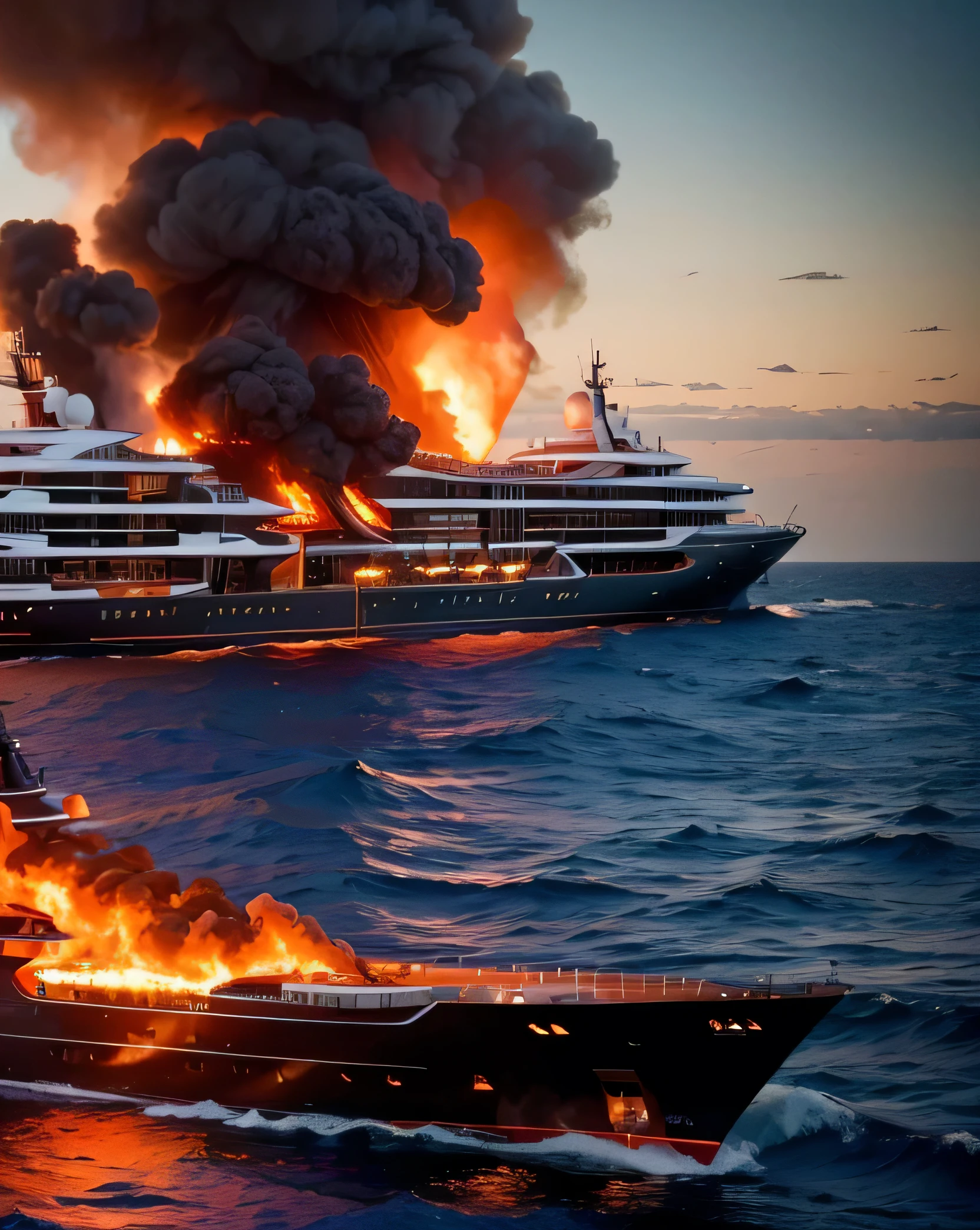 Ultra HD resolution,artistic photos,Professional Photography,((a burning red giant yacht on fire in the ocean)), attention to detail.