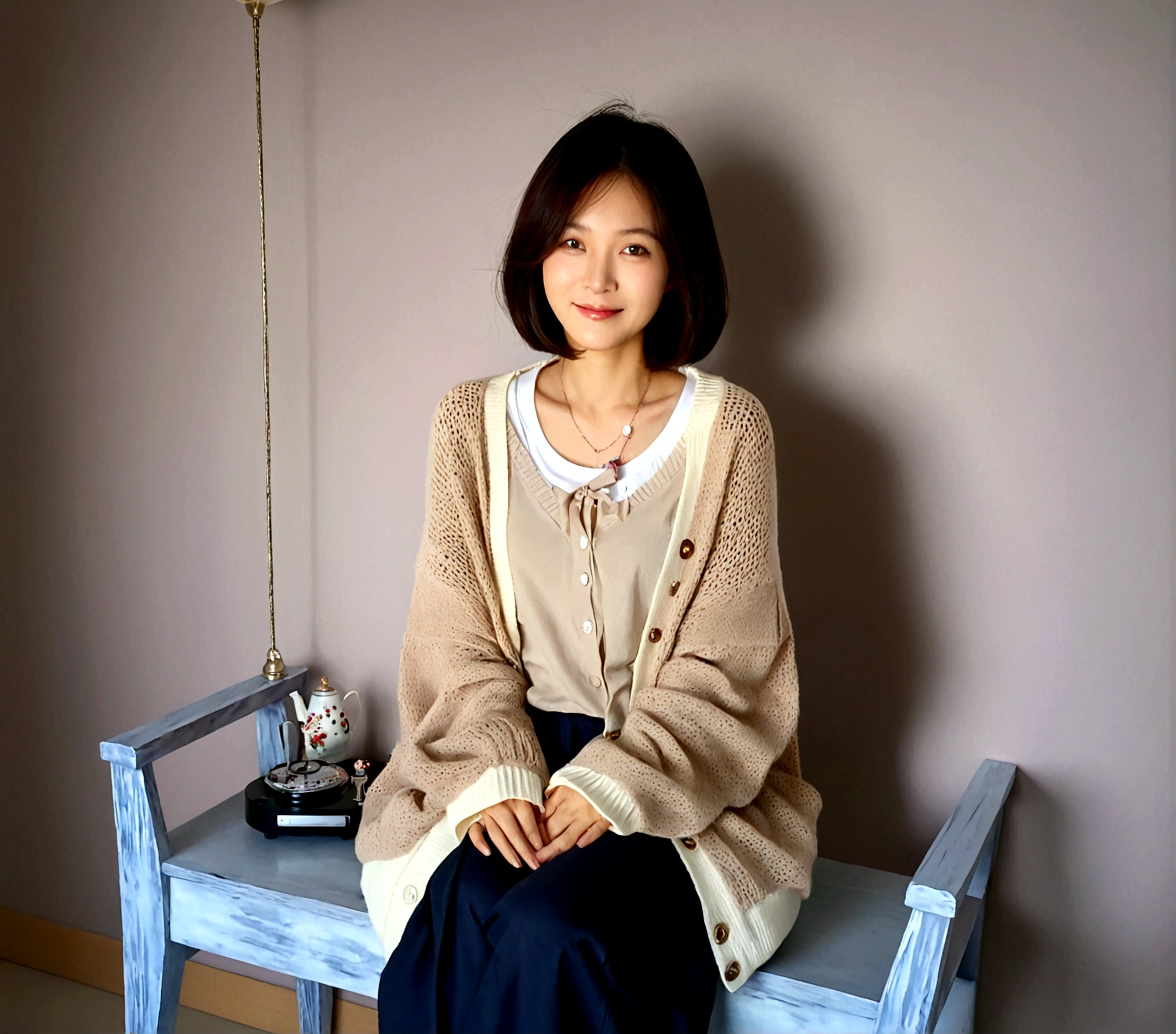 Beautiful Korean Woman , 32 inch chest size, Your eyes are big and pretty. Wearing a high-end luxury brand cardigan, casual beige pants, short medium hair, Smile, uhd