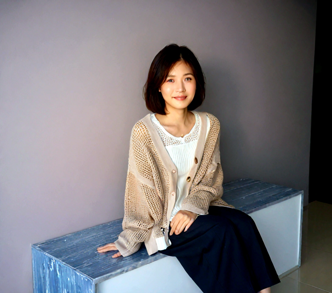 Beautiful Korean Woman , 32 inch chest size, Your eyes are big and pretty. Wearing a high-end luxury brand cardigan, casual beige pants, short medium hair, Smile, uhd