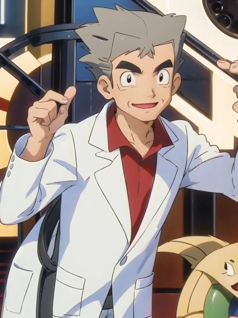 (masterpiece, best quality:1.2),1boy,solo,samuel oak \(pokemon\),upper body,black eyes,grey hair,lab coat,red shirt,looking at viewer,smile