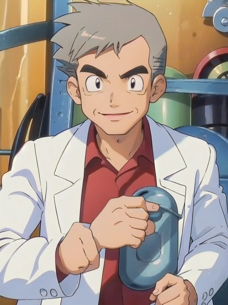(masterpiece, best quality:1.2),1boy,solo,samuel oak \(pokemon\),upper body,black eyes,grey hair,lab coat,red shirt,looking at viewer,smile