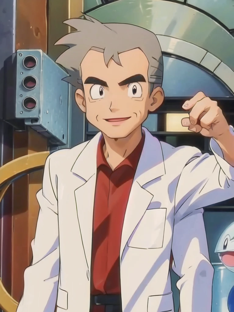 (masterpiece, best quality:1.2),1boy,solo,samuel oak \(pokemon\),upper body,black eyes,grey hair,lab coat,red shirt,looking at viewer,smile