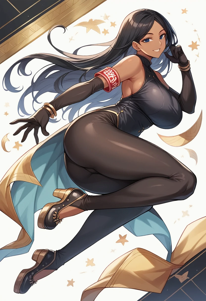 (masterpiece), (best quality), (Extremely detailed),Extremely detailed CG unity 8k wallpaper,Official Art,Expressive eyes,Solitary, (Arm stretch, Smile 1.2), (1 Girl, Mature female, Large Breasts, Big Ass,Black Hair, Long hair, black eyes, Dark-skinned women), (sleeveless, Tight costume, Embroidered shoes,Black Elbow Gloves, Jewelry, armband, Ajurna - First Ascent:1.3),Semiramis (destiny)