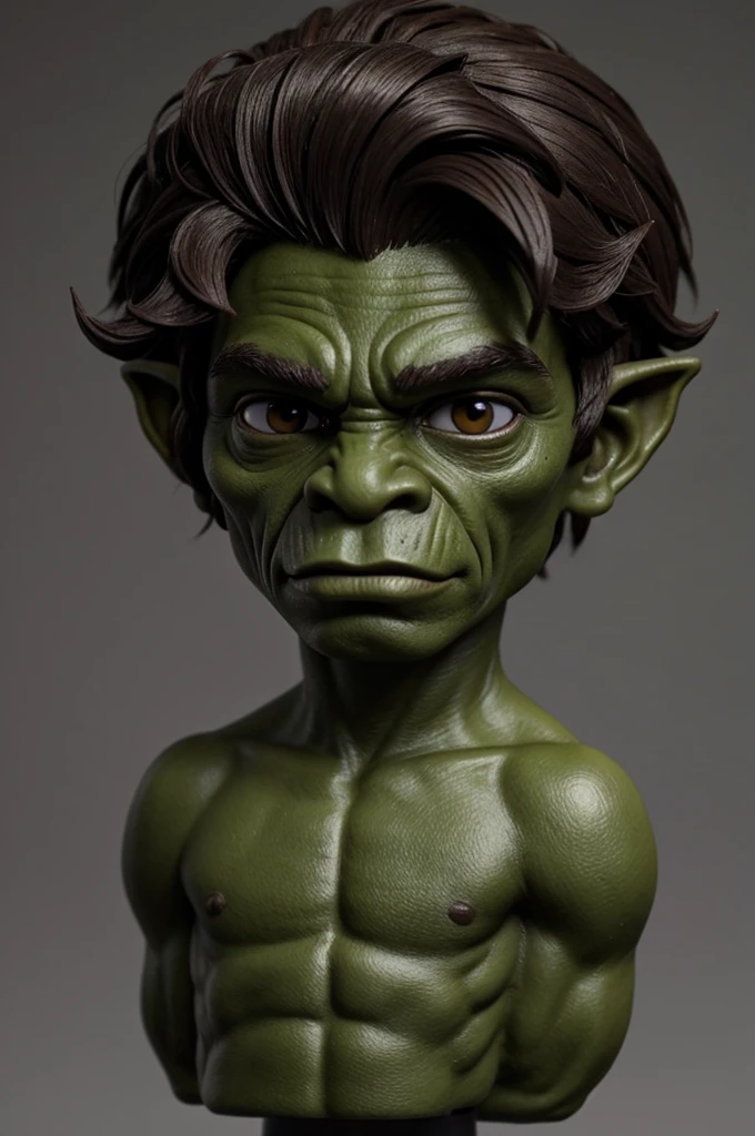 Make a goblin with dark hair, smooth and medium length. He seems to have a simple and natural hairstyle, with hair falling around the head evenly.