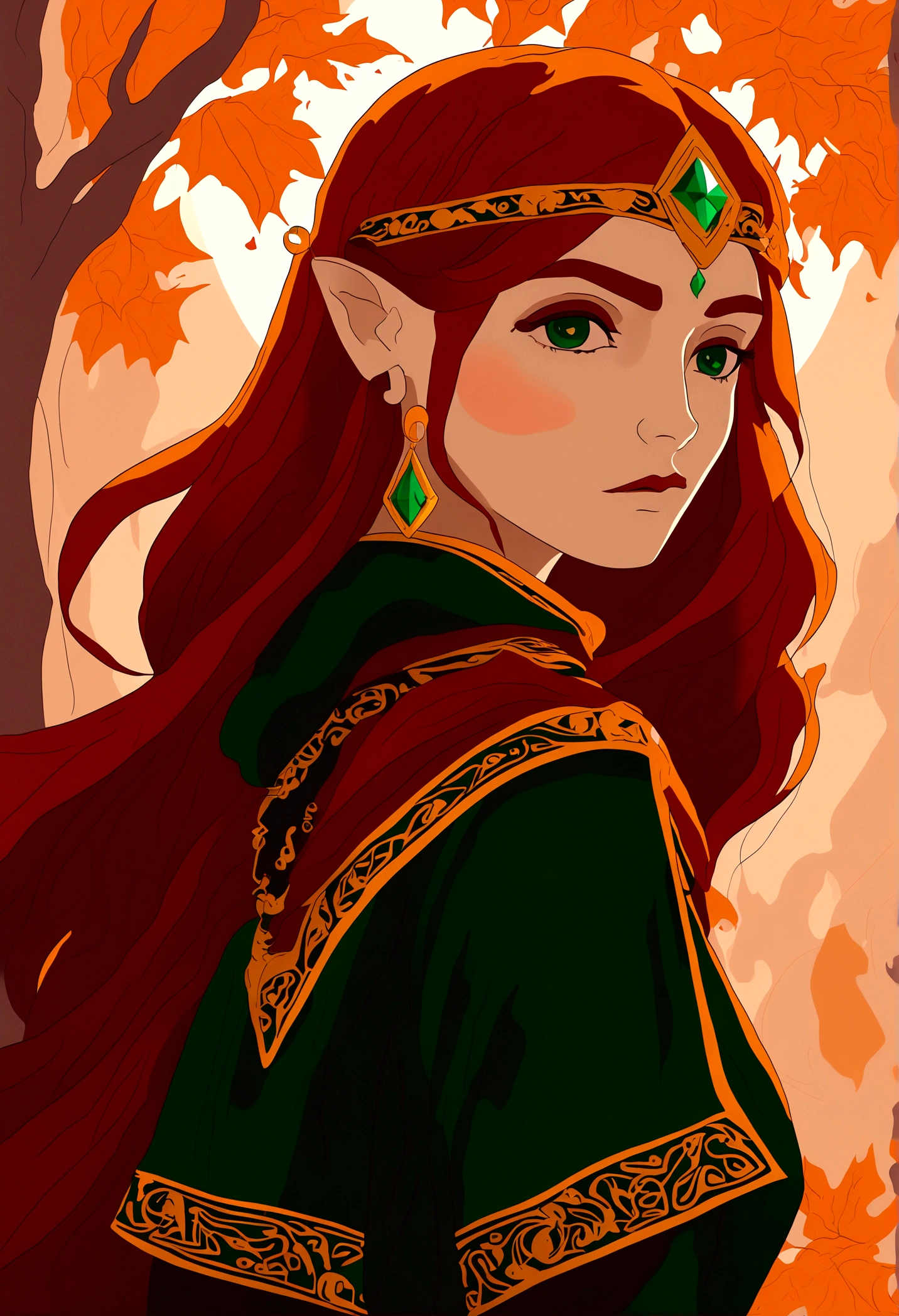 In a mesmerizing piece of milf-style art inspired by "The Legend of Zelda", a captivating woman is depicted. With a timeless allure, she dons an elegant dress that echoes the classic Zelda attire, complete with a green tapestry and a gold Hylian crest. Her hair, cascading in loose waves, is a brilliant blend of auburn and gold, reminiscent of the vibrant autumn leaves of Hyrule. A subtle hint of red blush graces her high cheekbones, adding a touch of charm and youthfulness to her otherwise mature features. Her eyes, sparkling with an inexplicable depth, are a mesmerizing shade