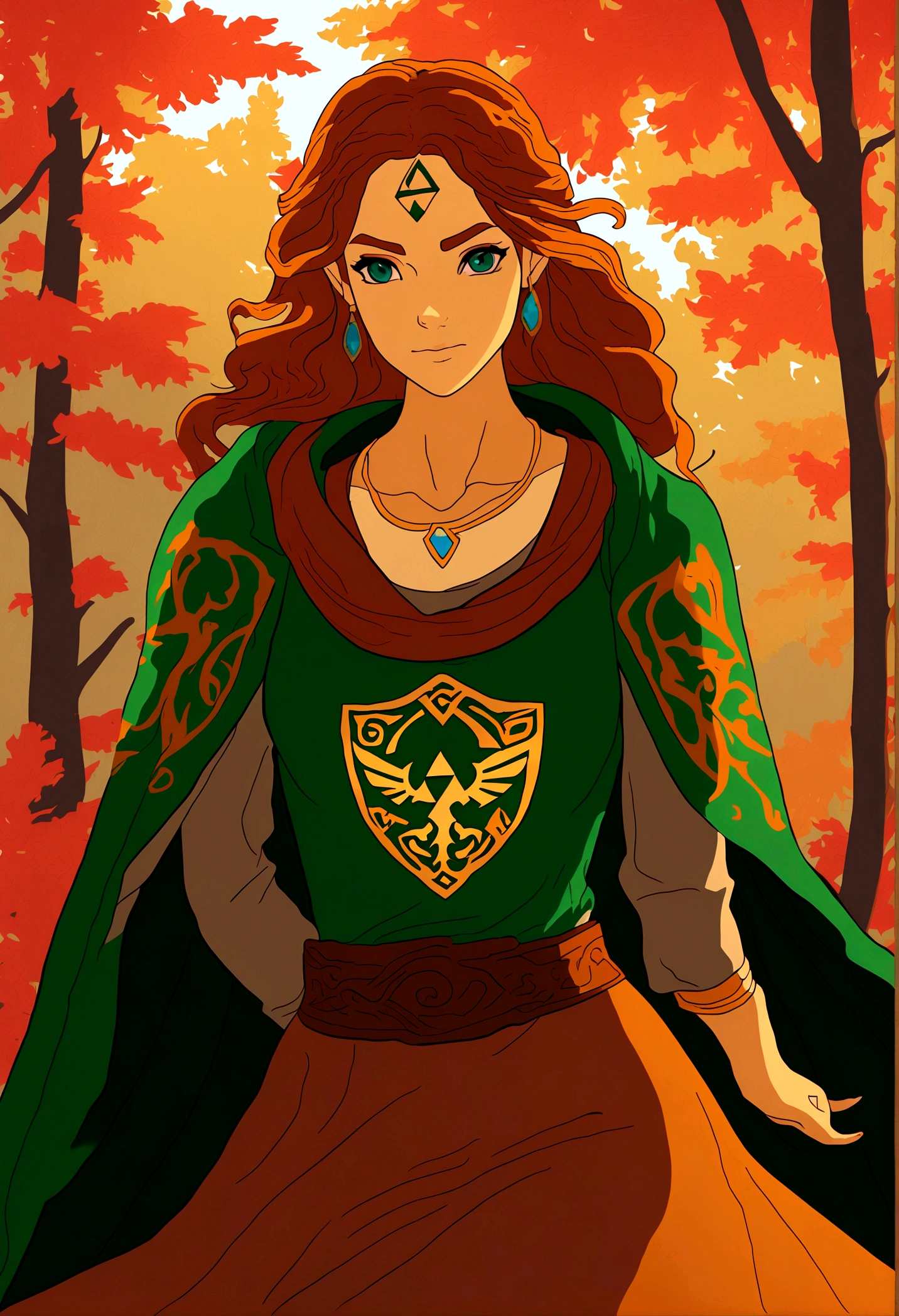In a mesmerizing piece of milf-style art inspired by "The Legend of Zelda", a captivating woman is depicted. With a timeless allure, she dons an elegant dress that echoes the classic Zelda attire, complete with a green tapestry and a gold Hylian crest. Her hair, cascading in loose waves, is a brilliant blend of auburn and gold, reminiscent of the vibrant autumn leaves of Hyrule. A subtle hint of red blush graces her high cheekbones, adding a touch of charm and youthfulness to her otherwise mature features. Her eyes, sparkling with an inexplicable depth, are a mesmerizing shade