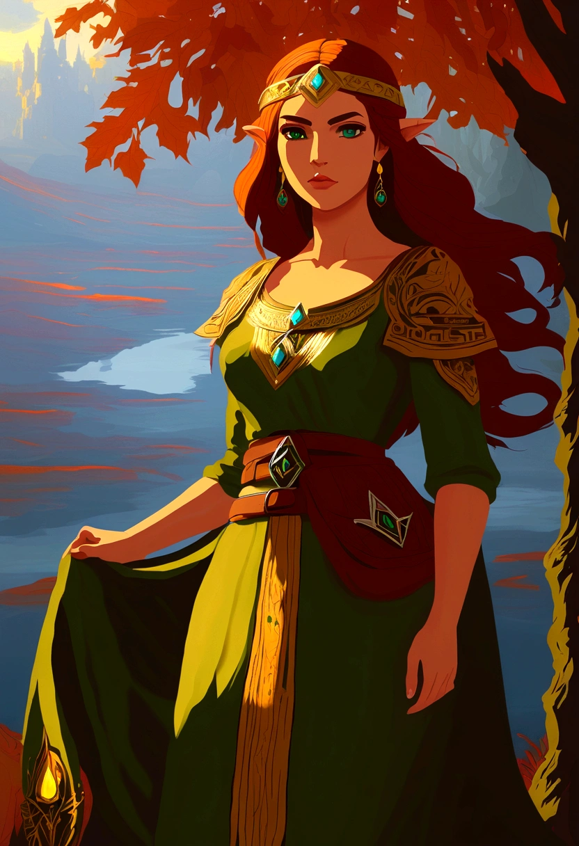 In a mesmerizing piece of milf-style art inspired by "The Legend of Zelda", a captivating woman is depicted. With a timeless allure, she dons an elegant dress that echoes the classic Zelda attire, complete with a green tapestry and a gold Hylian crest. Her hair, cascading in loose waves, is a brilliant blend of auburn and gold, reminiscent of the vibrant autumn leaves of Hyrule. A subtle hint of red blush graces her high cheekbones, adding a touch of charm and youthfulness to her otherwise mature features. Her eyes, sparkling with an inexplicable depth, are a mesmerizing shade