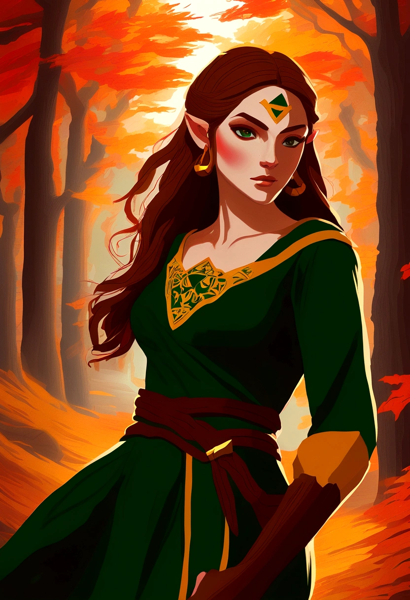 In a mesmerizing piece of milf-style art inspired by "The Legend of Zelda", a captivating woman is depicted. With a timeless allure, she dons an elegant dress that echoes the classic Zelda attire, complete with a green tapestry and a gold Hylian crest. Her hair, cascading in loose waves, is a brilliant blend of auburn and gold, reminiscent of the vibrant autumn leaves of Hyrule. A subtle hint of red blush graces her high cheekbones, adding a touch of charm and youthfulness to her otherwise mature features. Her eyes, sparkling with an inexplicable depth, are a mesmerizing shade