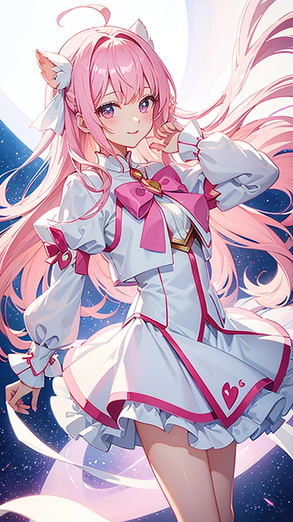 Magical girl White costume Short mini skirt Pink long hair No sleeve Ribbon in hair smile Great style Directly facing universe