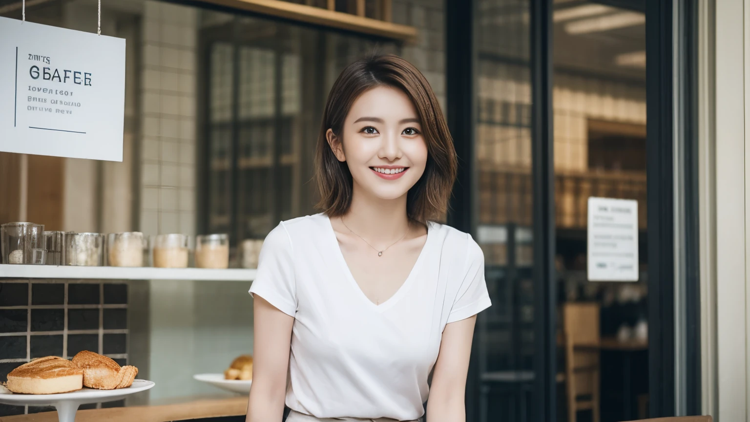 super high quality, Short Hair, Slender, Gravure photoshoot, The staff is working at the counter in the back., (8K、RAW Photos、Highest quality、masterpiece:1.2), Japanese Idol, Stylish café, The cafe is crowded with people enjoying themselves., (Realistic、Photorealistic:1.37), Bob Hair, Mesh Hair, Urban Cafe, Golden Ratio, Raw photo, Cute face , Light Brown Hair, Small breasts, Bright cafe interior, Spring Clothes, Cafe Terrace, Open Cafe, A kind smile, Hair blowing in the wind, Neat clothes, boyish, T-Shirts, 18-year-old, younger sister, Stylish clothes, 
