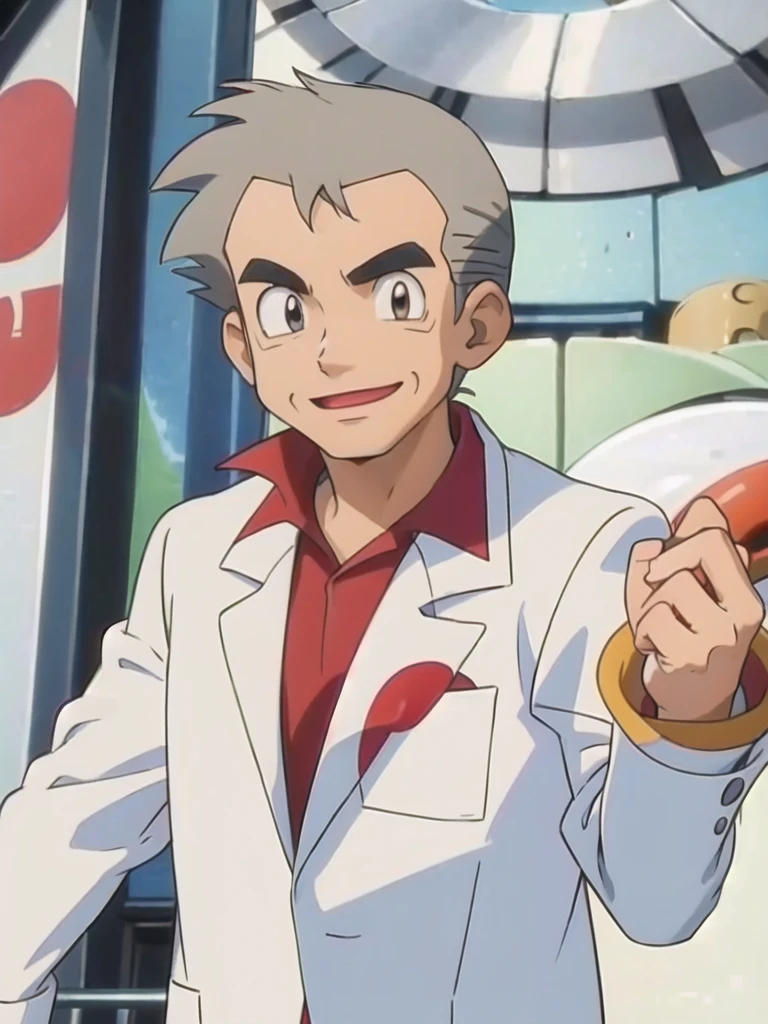 (masterpiece, best quality:1.2),1boy,solo,samuel oak \(pokemon\),upper body,black eyes,grey hair,lab coat,red shirt,looking at viewer,smile