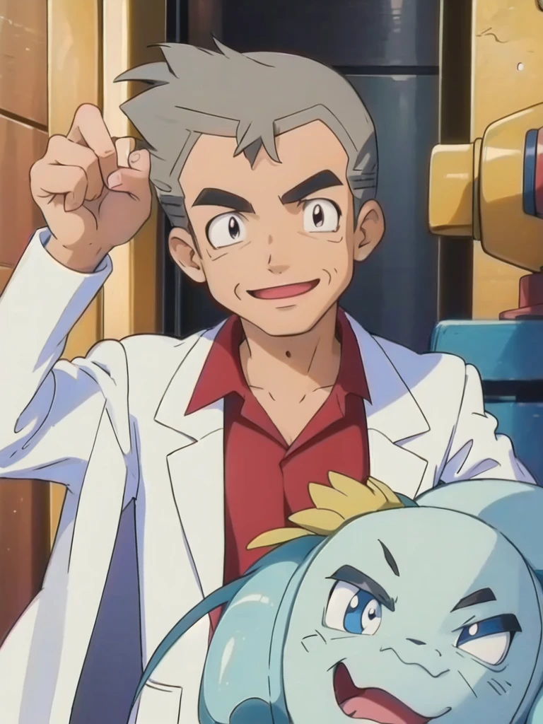 (masterpiece, best quality:1.2),1boy,solo,samuel oak \(pokemon\),upper body,black eyes,grey hair,lab coat,red shirt,looking at viewer,smile