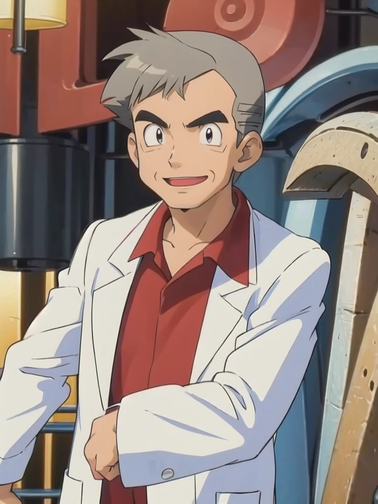 (masterpiece, best quality:1.2),1boy,solo,samuel oak \(pokemon\),upper body,black eyes,grey hair,lab coat,red shirt,looking at viewer,smile