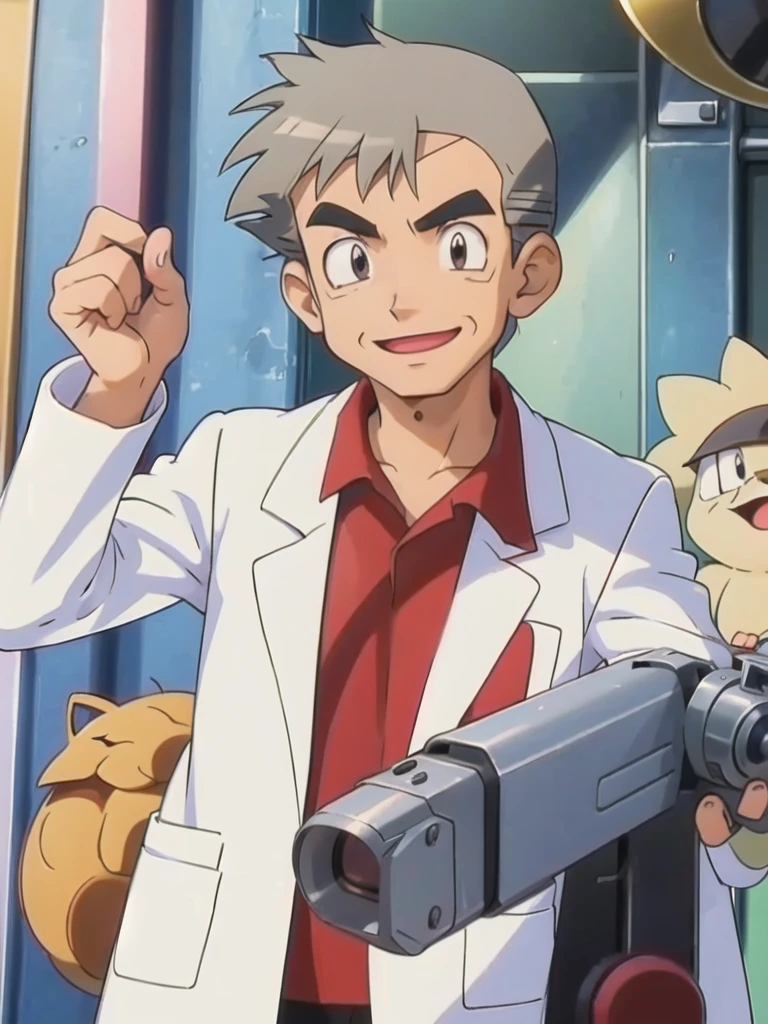 (masterpiece, best quality:1.2),1boy,solo,samuel oak \(pokemon\),upper body,black eyes,grey hair,lab coat,red shirt,looking at viewer,smile