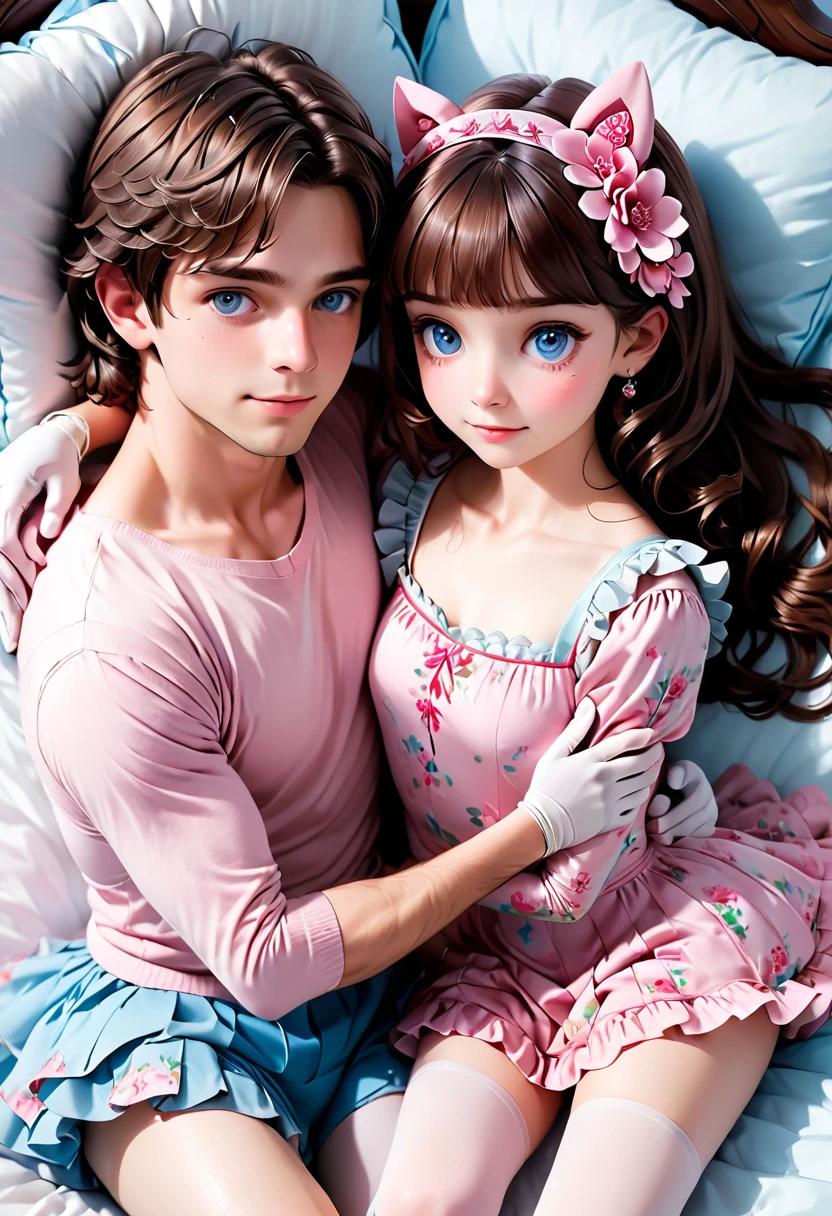 (Style-Princess) (1 man, 1 catgirl) (hetero, couple) (crossdressing, fully clothed) (brown hair, blue eyes) (portrait) (women's clothes only) (women's beautifully feminine skintight velvet floral print frilly girly pink adorable ballet leotards) (white opaque tights, no shoes) (tiaras, pink shoulder-length silk gloves:1.3) (woman's bedroom, four-poster bed) (lying down, hugging, bending knee) (intimacy, playfulness, closeness)