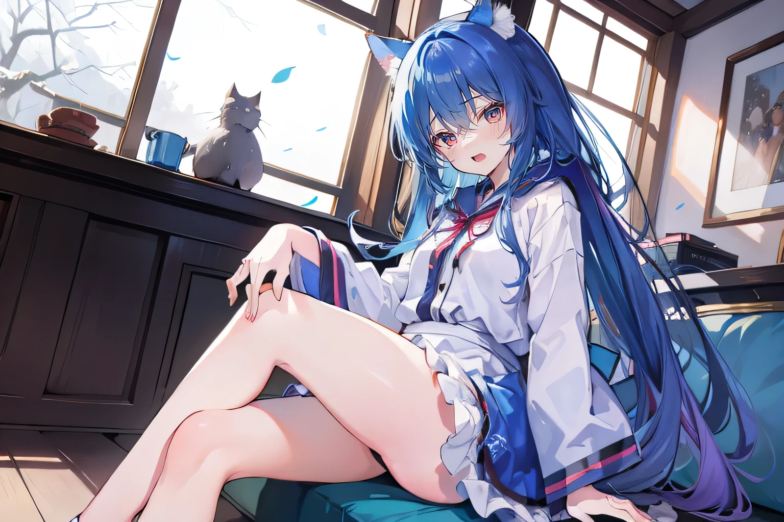 （masterpiece：1.2），Super detailed，lifelike，Expressive eyes，fair skin，perfect face shape，1 girl，
Japanese comics,Gorgeous blue hair,flowing blue hair,flowing clothes,Cat ears,Petals fall,beautiful lola,Baby Angel,
Shaking head with one hand，Cross your legs，Gentle and peaceful background，The pavilion is cool and comfortable,smile, wearing hoodie, In front of the window,snowing