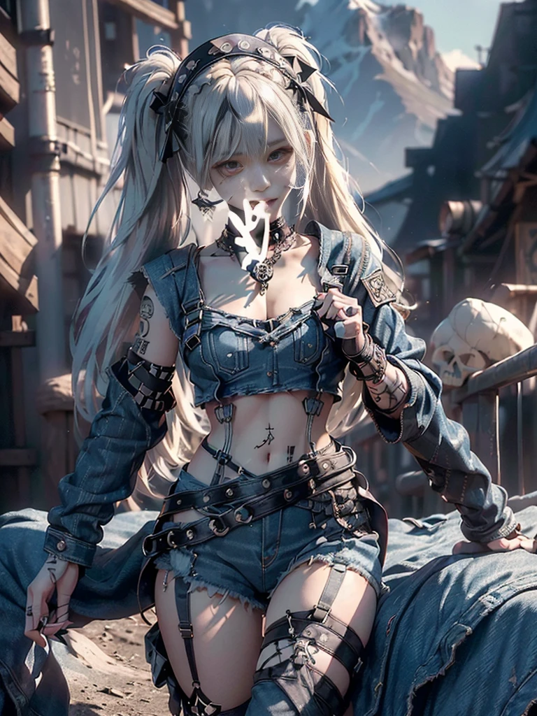 (Full Body View:1.3)、(Beautiful lips and nose:1.4)、(Long eyelashes:1.4)、(Side view:1.1)、(Smiling with teeth showing:1.3),(Shibuya Gal:1.5)、(Gothic ta delicately decorated dress:1.5)、(Tattered charcoal denim and black punk rock cargo pants:1.5)、(Charcoal denim and black with white skull mark small jacket:1.4)、(denim garter belt:1.5)、(Black and charcoal denim knee socks:1.3)、(Skull Silver Accessories:1.5)、(Charcoal denim collar:1.3)、(Brown Skin Belt:1.4)、(Brown boots:1.2)、(The underwear is striped:1.4)、31 years old、((Highest quality、In 8K、masterpiece:1.3))、Sharp focus:1.2、(Layered Cut、Huge boobs:1.1),Beautiful woman with perfect figure:1.4、(Doing an aerobics pose:1.3)、Slender Abs:1.2、Highly detailed face and skin texture、Detailed eyes、double eyelid,(Twin tails:1.3)、(Cream colored hair:1.3)、Gravure idol、(The background is a gorgeous temple in the sky:1.3)、(Slim body:1.2),(Make your legs thinner:1.4),(clavicle:1.1)