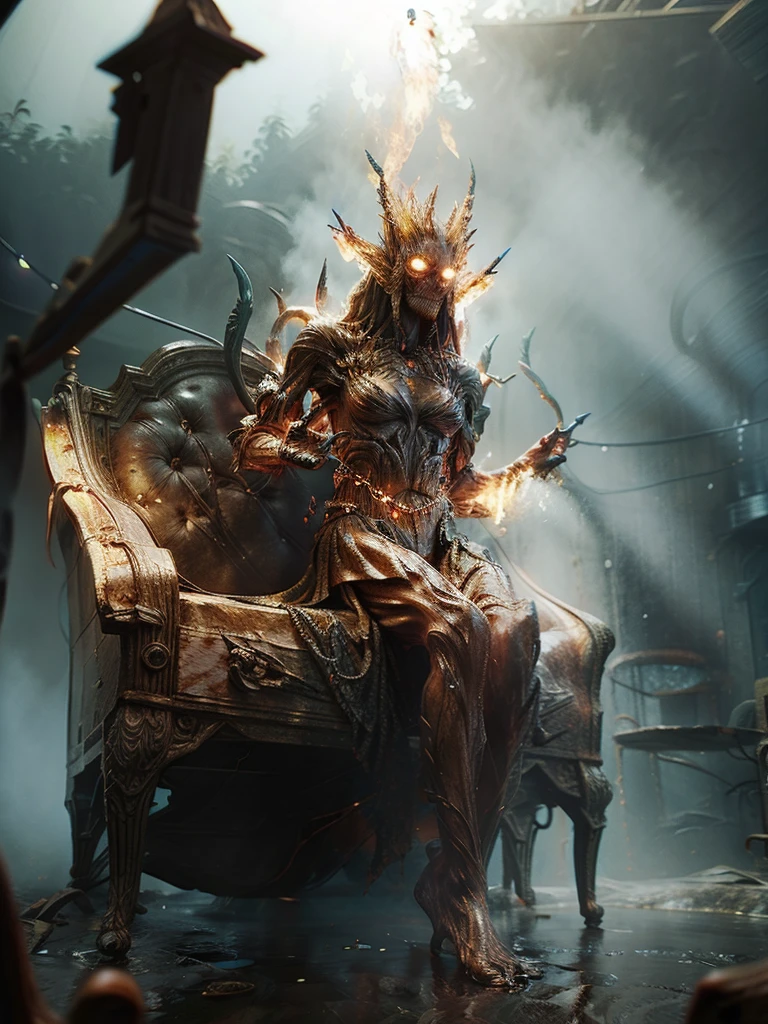 RUSTY CHAINS, (lens flare, bokeh, Wide-Angle, Ultra-Wide Angle, from below, from side, wide shot, isometric, afterimage, partially underwater shot), (from below:1.5), ((Detailed eyes)), [fire elemental woman in chain:1.3], [chains at the ankles], [chains at the ankles], [chains at the ankles], [the chains on the wrists], [the chains on the wrists], [the chains on the wrists], bare feet, full body chain, dirty fire elemental woman chained to a chair in a cage, white torn stockings, broken glasses, woman in chain in a cage, iron bars, desperate expression, worried alice in wonderland in chain in a cage, concerned about future, brunette, realistic hands, bars in the window. Blurred foreground.