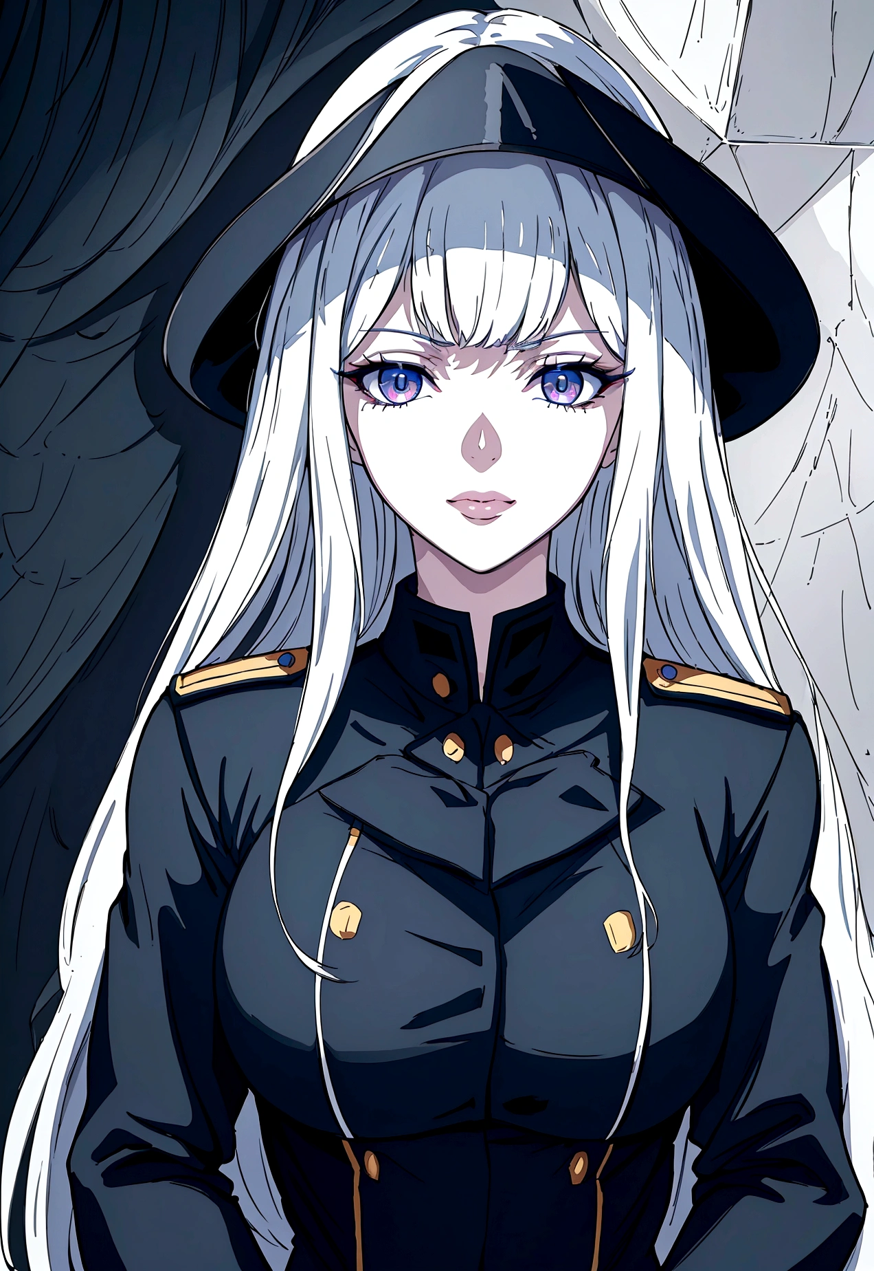 (best quality,4k,8k,highres,masterpiece:1.2),1girl,anime,military uniform,dark blue uniform,long white hair,white eyes,evil look,detailed face,detailed eyes,detailed lips,longeyelashes,digital art,cinematic lighting,dark moody atmosphere,dramatic shadows on three sides