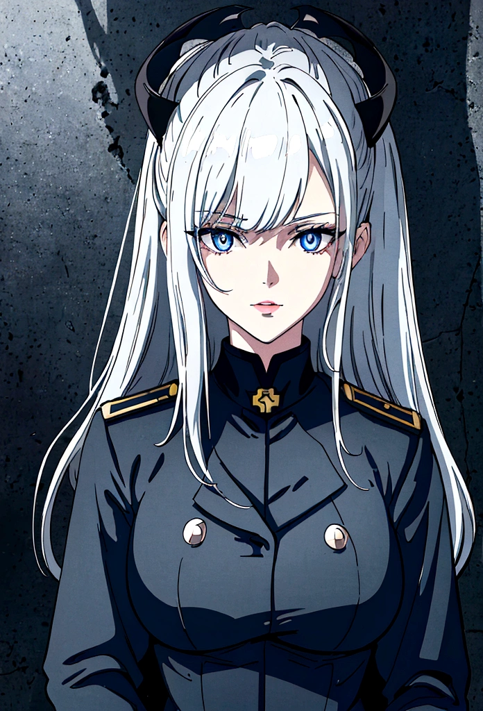 (best quality,4k,8k,highres,masterpiece:1.2),1girl,anime,military uniform,dark blue uniform,long white hair,white eyes,evil look,detailed face,detailed eyes,detailed lips,longeyelashes,digital art,cinematic lighting,dark moody atmosphere,dramatic shadows on three sides