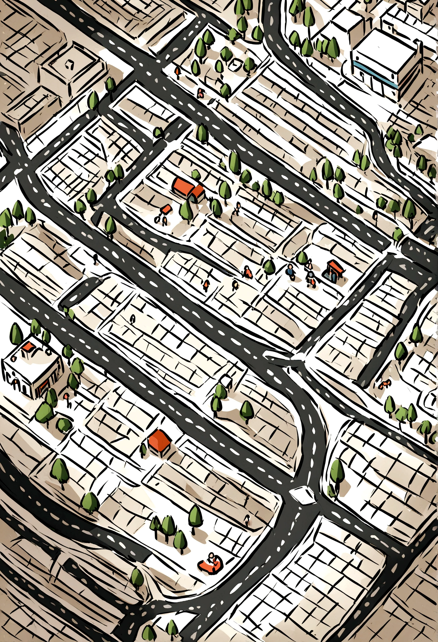 isometric Paris map with streets and people walking, flat black and white cartoon illustration, no shadow