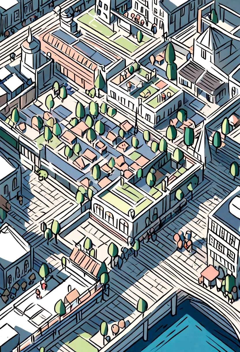 isometric Paris map with streets and people walking, flat black and white cartoon illustration, no shadow