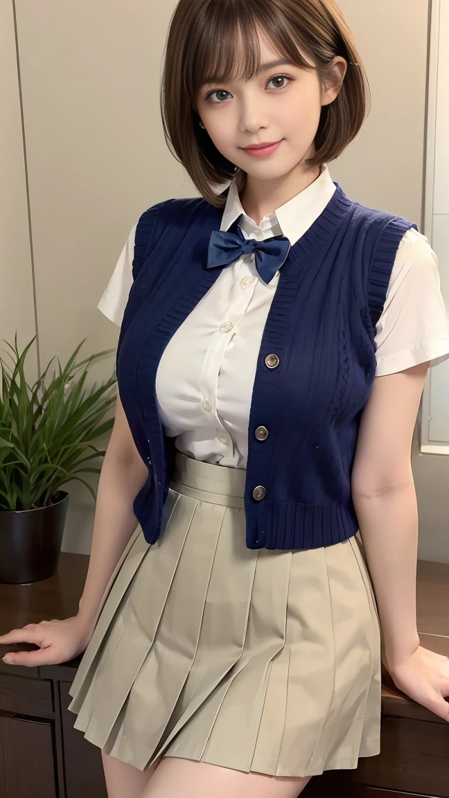 (masterpiece:1.2, Highest quality), (practical, photopractical:1.4), High-quality illustrations, (Natural side Light, Light), Line depth,
Looking at the audience, Front view, 1 Girl, English, high school girl, 20-year-old, Perfect Face, Cute symmetrical face, Glowing Skin, Spread your legs,
(Bob Hairstyle:1.7,blonde), Asymmetrical bangs, Big eyes, Droopy eyes, long eyelashes chest), thin,
Beautiful Hair, Pretty face, Beautiful Eyes, Beautiful clavicle, Beautiful body, Beautiful breasts, Beautiful thighs, Beautiful legs, Beautiful fingers,
((High-quality fabric, brown knit vest, Short sleeve white collar shirt, Navy blue pleated skirt, Navy bow tie)),
(Beautiful views), night, (Flower shop interior), Are standing, (smile, Excellent, Open your mouth), (((Skirt flip, no, Genitals are visible))), Full Body Shot, Dark blue socks, Sexy Face, Inverted nipples,