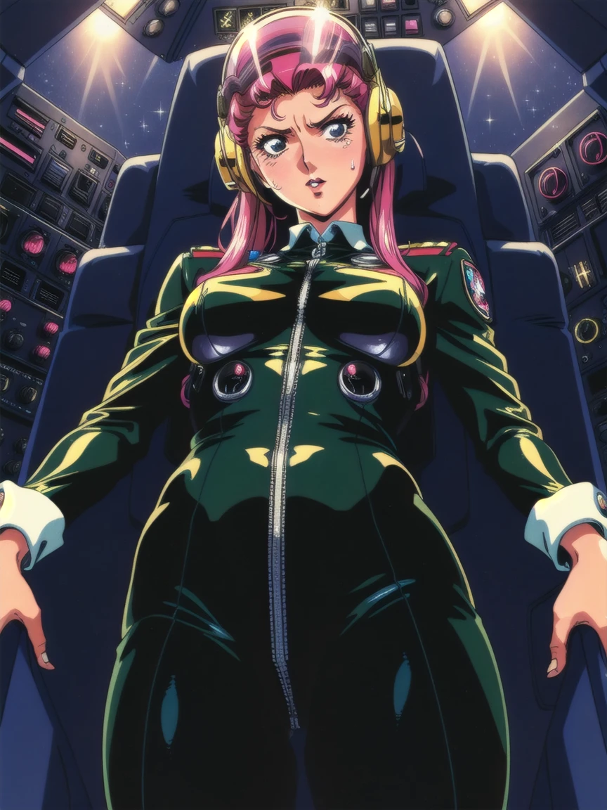 ((gothic vampire piloting in gothic spacecraft)), (((retro anime))), (from below), ((120 fov)), ((((gothic)) control panels)), ((mature)), (((gothic))), iridescent bodysuit, ((lace accessories)), ((pilot seat)), ((((lying back)) pose)), ((elegant)), (((serious tone))), ((cockpit top control panel)), intricate control panel details, (close-up), 1990s (style), [blushing], [sweat], masterpiece, ((claustrophobic)), sparkles, best quality, screens, ((pilot helmet)), ((hands on controls)), night, (cockpit lights)