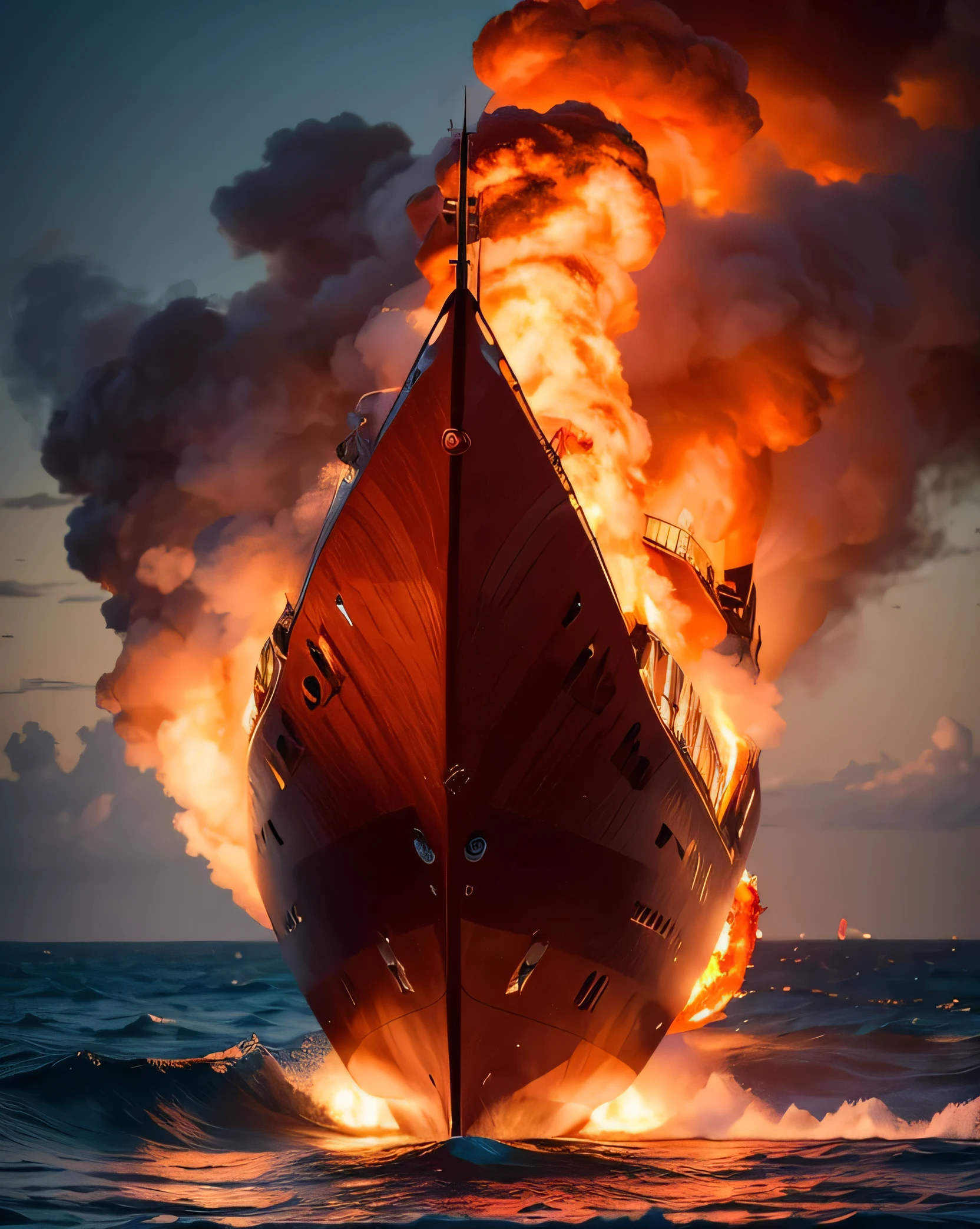 Ultra HD resolution，artistic photos，Professional Photography，((a burning red giant yacht on fire in the ocean)), attention to detail.