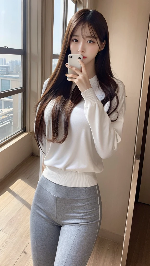 korea beauty, long hair, tight clothes, room with sunny window, selfie --s 750 --v 6.0, (mix4:1.0)