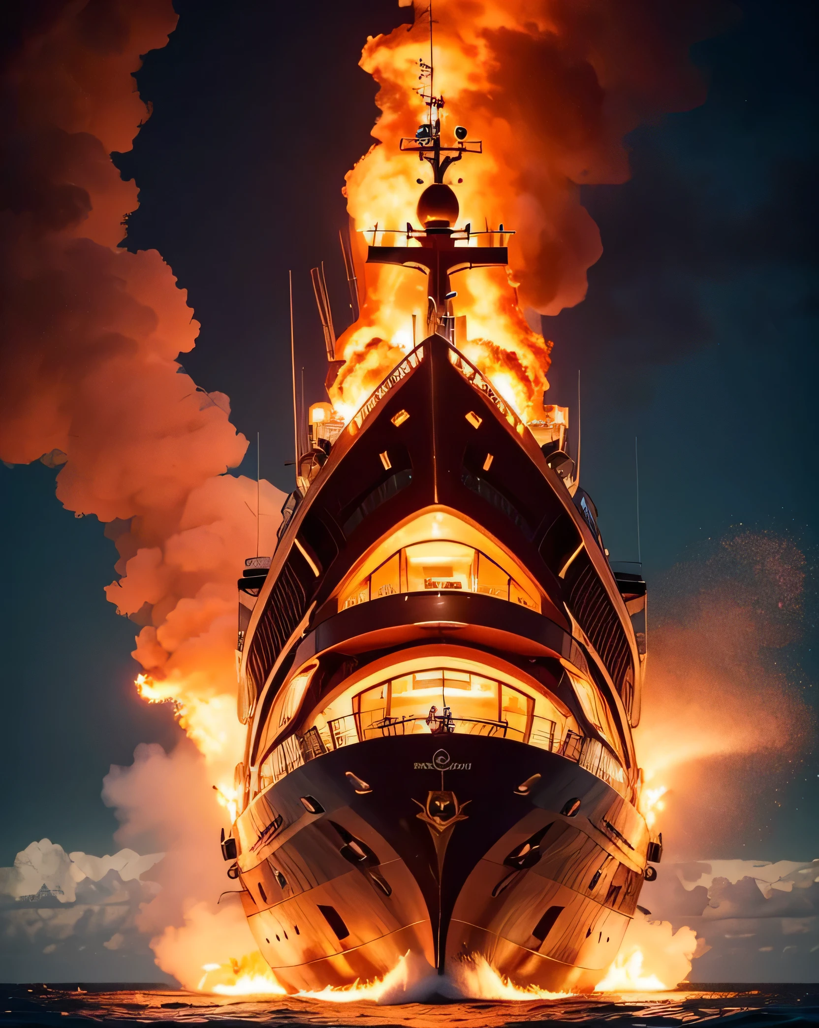 Ultra HD resolution,artistic photos,Professional Photography,((a burning red giant yacht on fire in the ocean)), attention to detail.