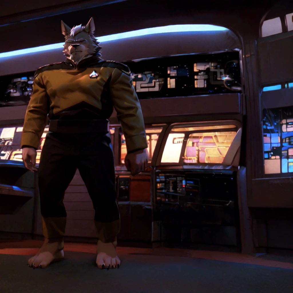 (((Barefoot furry character, full body, cinematic setting, furry male, plantigrade))) 

captain ((Totoro)), studio ghibili, furry, big, fat, whiskers, grey skin, claws,

exudes confidence and authority on starship bridge, wears star trek next generation security officer yellow uniform, ((s3stngunf uniform))) long black pants, muscular figure, dynamic pose, action expression

((Bridge of starship with many screens and consoles)), futuristic look, metalic, bright colors

BREAK, intricate details, highly detailed, extreme detail, octane render, fine art, best quality, highres, (detailed face:1.5), ((full_body)), UHD, (((perfect hands))), ((low light:1.5))