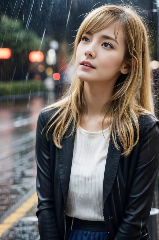 24year old beautiful girl、Half-Japanese beauty、Highest image quality、realistic、16K、beautiful woman、ベリーショートヘアー、ピクシーカット、blondes、blondes、With bangs、Pretty slim、heavy rain、wet from heavy rain、In the middle of Shibuya、白のパーカー、leggings、Wet in the rain、Heavy Rain、My hair got wet in the heavy rain、In heavy rain、Look up at the sky、Shooting from the sky、傘はささない