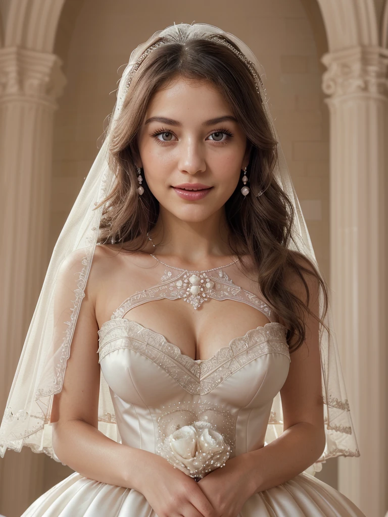 Masterpiece, beautiful details, perfect focus, uniform 8K wallpaper, high resolution, exquisite texture in every detail, 1 girl, clear shining deep eyes, smile, happy, open mouth, break classic elegance, Create a timeless and sophisticated look with classic wedding dresses that incorporate traditional elements. Choose a gown with a fitted bodice, sweetheart neckline, and intricate lace detailing for a romantic vibe. Choose a full A-line or ball gown silhouette with multiple layers. Add volume and drama with tulle and organdy. break Accessorize with delicate pearl and crystal jewelry, a cathedral-length veil, and a bouquet of white roses or peonies, style your hair in an elegant updo or soft waves, and wear subtle makeup and neutrals. Finish the look with lip color. break pastel, perfect light, (nice breast),