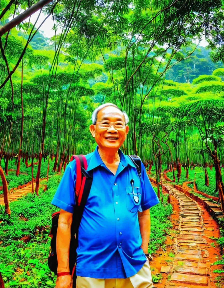 บ้านกระท่อมไม้ไผ่ในประเทProfไทย ปี พ.Prof.2464 มีภูเขาด้านหลัง มีลำธารไหลผ่าน เงาดวงจันทร์ตรึ่งดวงสะท้อนในน้ำ มีสะพานข้ามลำธาร บรรยากาProfเป็นธรรมชาติในเวลากลางคืน ดวงจันทร์ครึ่งเสี้ยว ภาพสีน้ำอะคริลิค เขียนบนผ้าใบ แสง HDR