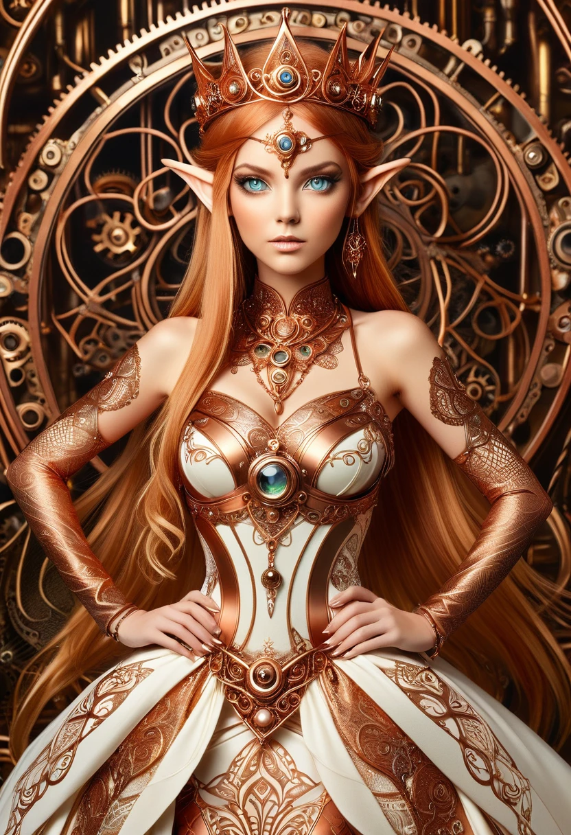 Steampunk elven princess. copper wire necklaces and bangles. Crown of fine copper wire. copper coloured tatoos cover her face and body intricate and beautiful designs. LArge pointed ears that end in curlicues. Hands on hips. Ember colored eyes adorned with intricate copper wireing. a Pure white dress, hemmed with copper, covered in copper lace and filligree. cppper designs cover the skirt in a kaleidoscope of intricate copper designs.