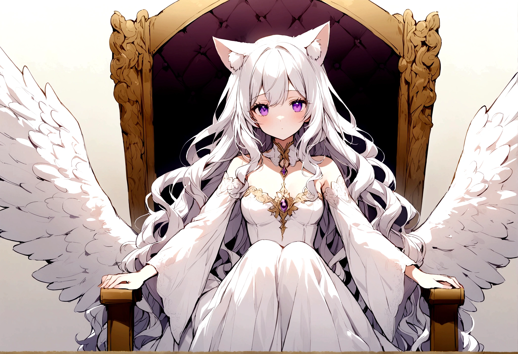 beauty,Long Wavy Hair,White hair is very attractive, Detailed and precise manual work, Attractive girl, White cat ears,Purple eyes and white eyelashes,light in your eyes,Big angel wings,Arms stretched out,delicate, A fluffy white dress like a cloud, Hand-drawn illustration,Sitting on the throne,Broad background,
