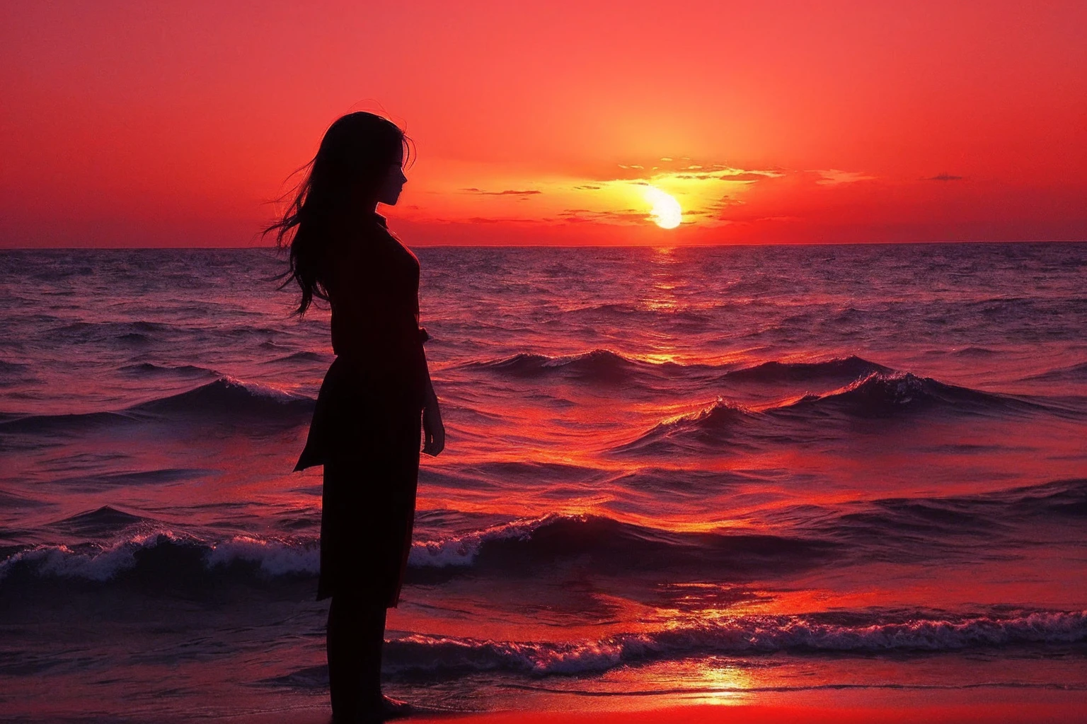 Girl silhouette drawing Photo style Real Red sunset sea Highest quality masterpiece dramatic