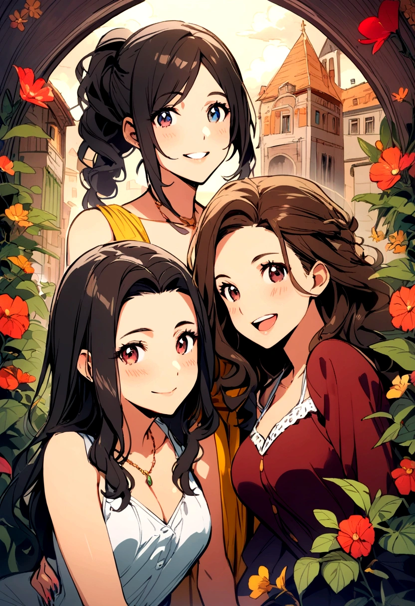 Three 35-year-old Latin girls smile at the camera, Pleasant atmosphere.