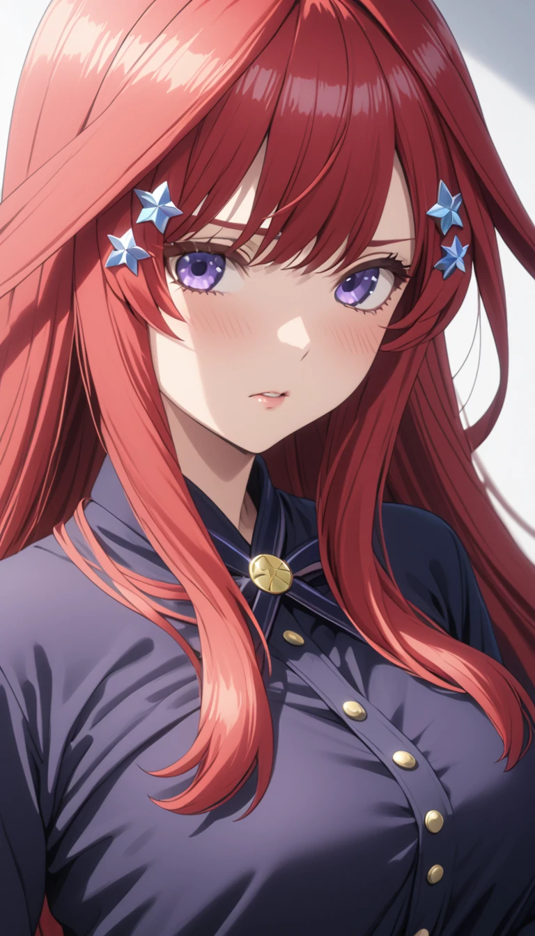 (Highest quality、Masterpiece、Very detailed、4K)、One Woman、、Red Hair、Long Hair、(((Nakano May)))、Star-shaped hair fastening、chest、arm