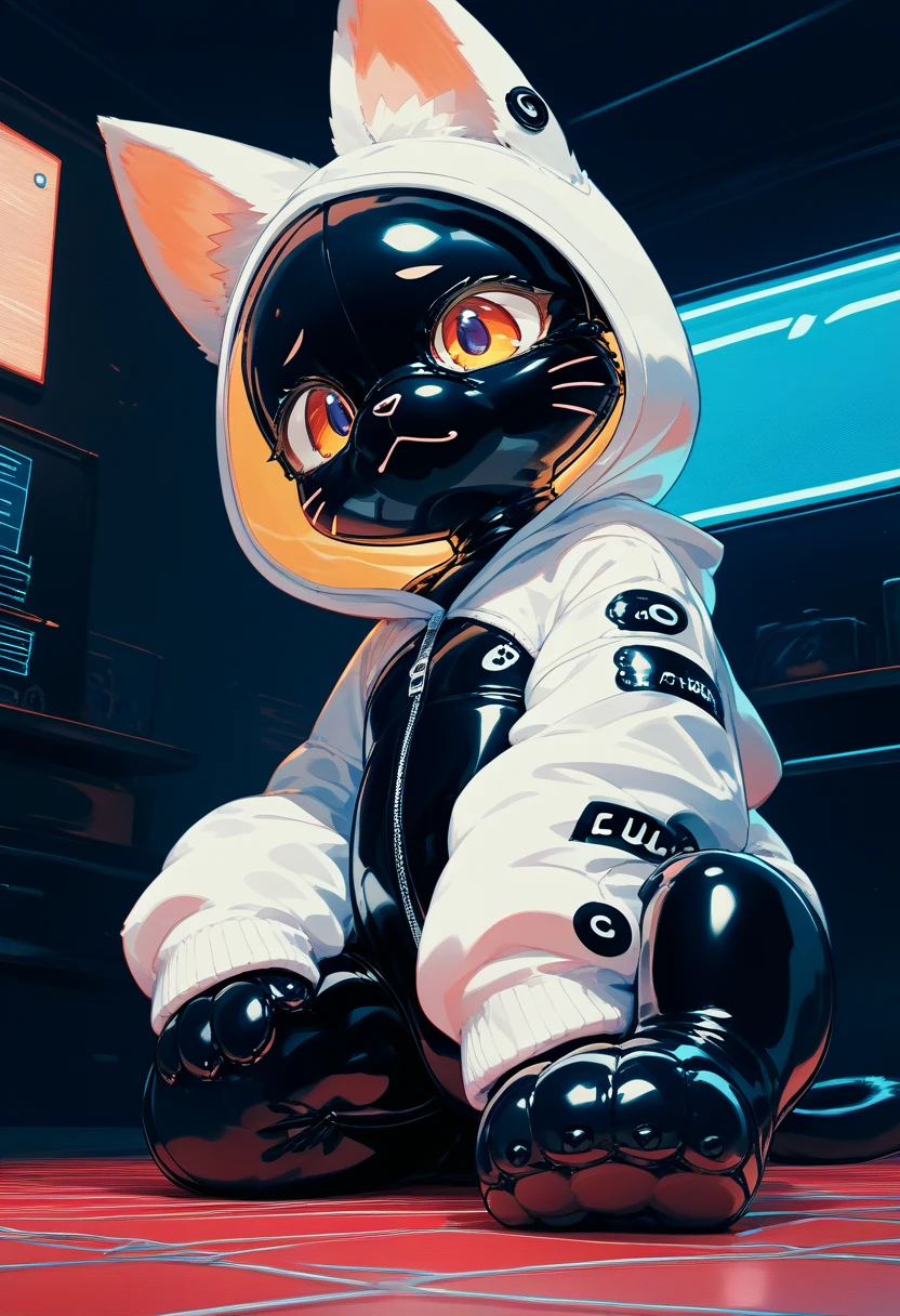 Highest quality, Highest quality, High quality illustrations, masterpiece, Ultra-high resolution, Detailed Background, Games Room, Absurd, Perfect Anatomy, performance, Good lighting, Shadows in the movies(kemono, Furry PersonifiCation), Cat, Dark Skin, Rubber suit, Rubber suit, latex, neon, neonライト, neonカラー, Rubber spats, Rubber Hoodie,  Rubber mask, ribbon, Embarrassing, Null bulge, male, juvenile, Looking up