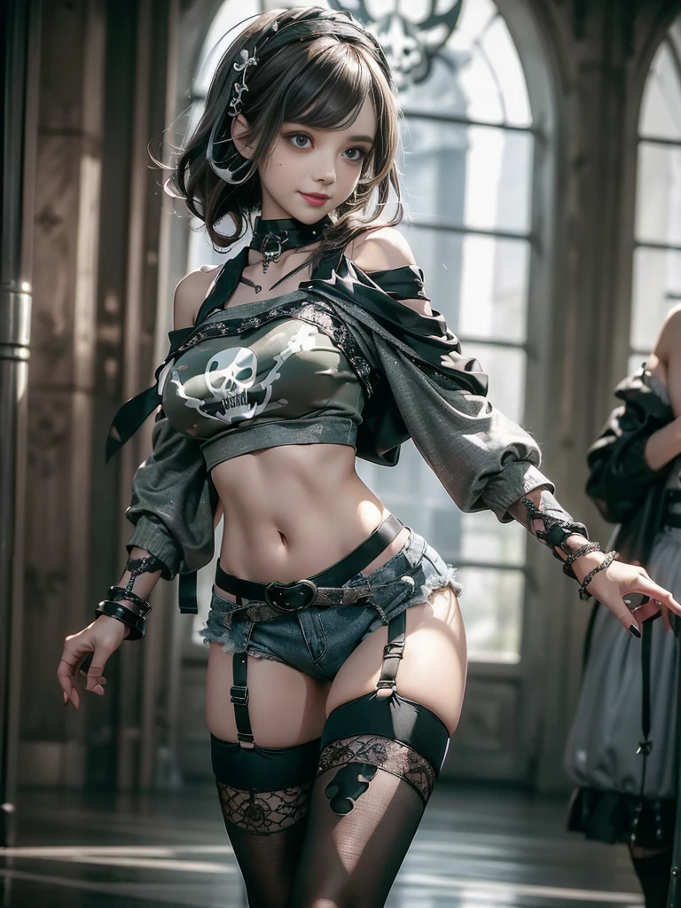 (Side view:1.1)、(Beautiful skin, lips and nose:1.4)、(Smiling with teeth showing:1.3),(Fashion Model:1.5)、(Gothic ta delicately decorated battle uniform:1.5)、(Moss green off-shoulder hoodie:1.5)、(Black, silver and white shorts:1.4)、(denim garter belt:1.5)、(Black and camouflage knee socks:1.3)、(Skull Silver Accessories:1.5)、(Lace collar:1.3)、(Brown Skin Belt:1.4)、(Brown boots:1.2)、(Underwear has polka dots:1.4)、23 years old、((Highest quality、In 8K、masterpiece:1.3))、Sharp focus:1.2、(Layered Cut、Huge boobs:1.1),Beautiful woman with perfect figure:1.4、(Dancing vigorously:1.3)、Slender Abs:1.2、Highly detailed face and skin texture、Detailed eyes、double eyelid,(Bob Hair:1.3)、(Brown Hair:1.3)、Gravure idol、(The background is a luxurious dance hall.:1.3)、(Slim body:1.2),(Make your legs thinner:1.4),(clavicle:1.1)