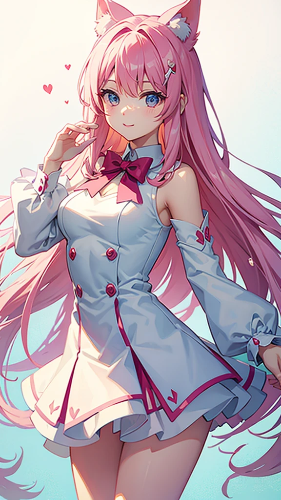 Magical girl White costume Short mini skirt Pink long hair No sleeve Ribbon in hair smile Great style Directly facing universe