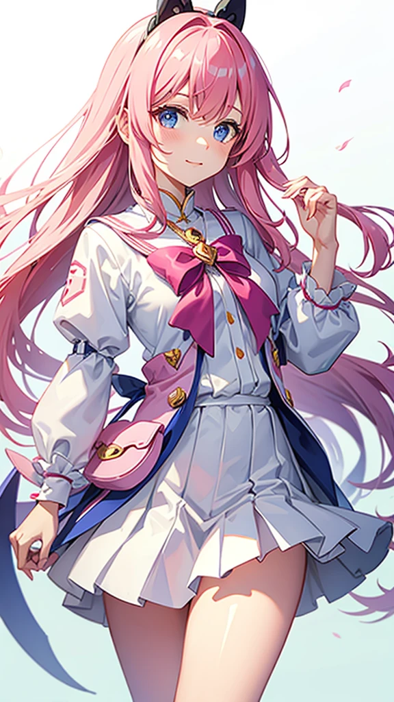 Magical girl White costume Short mini skirt Pink long hair No sleeve Ribbon in hair smile Great style Directly facing universe