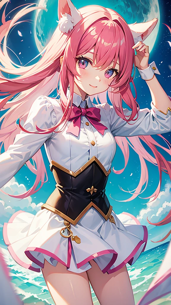 Magical girl White costume Short mini skirt Pink long hair No sleeve Ribbon in hair smile Great style Directly facing universe