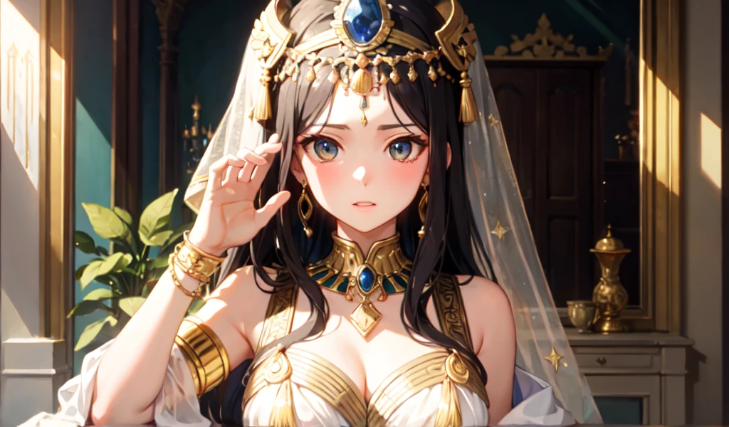 ((Highest quality)), ((masterpiece)), (detailed), Beautiful Cleopatra feels very embarrassed in the palace,Gold ornaments,sexy
