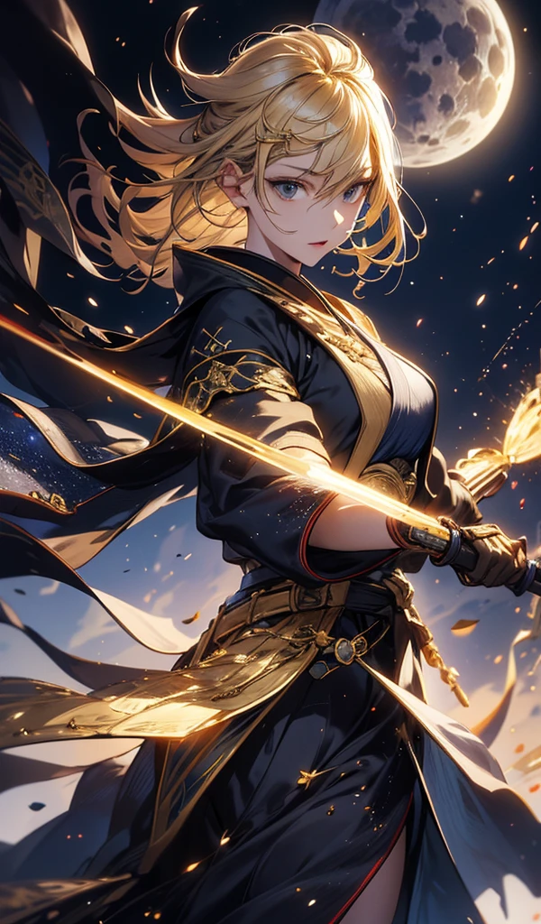 masterpiece, high quality, 4K, Beautiful design, silhouette，blonde， 非常に詳細な夜のStarry Sky,Flower Field，battlefield， wonderful, Finer details,  Very knowledgeable woman, Highly detailed solo, 1 female,Big and aggressive，Wizard，Night view，Starry Sky，full moon，