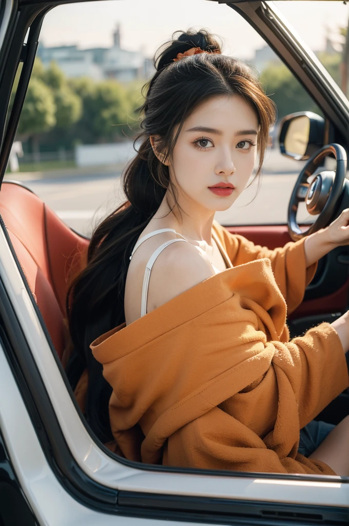 (((best quality))),(((ultra detailed))),(((masterpiece))),illustration,1girl,beautiful,woman,driver,sitting,car,parked,roadside,vibrant,floral,nightgown,graceful,flow,hair,tied,back,loose,ponytail,delicate,features,eyes,focused,road,ahead,calm,concentration,classic,convertible,top,down,evening,breeze,caress,face,seat,adjusted,petite,frame,confident,steering,wheel,delicate,hands,maneuver,control,world,setting,sun,warm,glow,face,illuminate,beauty,sky,canvas,orange,red,hues,match,road,stretch,explore,possibilities,background,town,life,evening,shops,opening,doors,people,strolling,cool,air,atmosphere,peaceful,serene,contrast,chaos,city,,independence,societal,norms,constraints,destiny,embrace,challenges,symbol,strength,resilience,spirit,summer