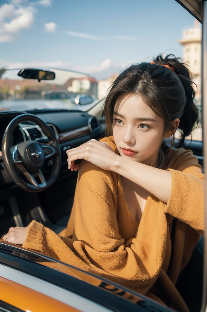 (((best quality))),(((ultra detailed))),(((masterpiece))),illustration,1girl,beautiful,woman,driver,sitting,car,parked,roadside,vibrant,floral,nightgown,graceful,flow,hair,tied,back,loose,ponytail,delicate,features,eyes,focused,road,ahead,calm,concentration,classic,convertible,top,down,evening,breeze,caress,face,seat,adjusted,petite,frame,confident,steering,wheel,delicate,hands,maneuver,control,world,setting,sun,warm,glow,face,illuminate,beauty,sky,canvas,orange,red,hues,match,road,stretch,explore,possibilities,background,town,life,evening,shops,opening,doors,people,strolling,cool,air,atmosphere,peaceful,serene,contrast,chaos,city,,independence,societal,norms,constraints,destiny,embrace,challenges,symbol,strength,resilience,spirit,summer