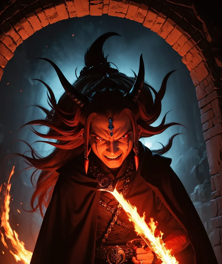 Please generate an image of Zoma from Dragon Quest III.。Zoma is a majestic and powerful demon king.、Wearing a dark robe、Has pale skin and red eyes。There was a dark aura around him.、Behind me I can see the throne of a dark castle。Zoma has a cruel smile on his face.、I have a magic wand in my hand。The background has a scary atmosphere with a mixture of darkness and fire.。